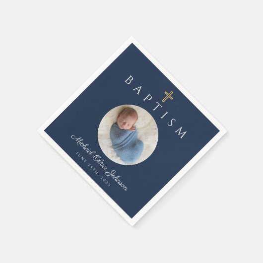 Elegant Navy Blue Cross Foto Boy Taufe Serviette (Ecke)