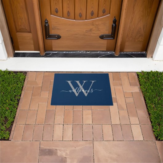 Elegant Navy Blue Custom Monogram Script Name Fußmatte (Außenbereich)