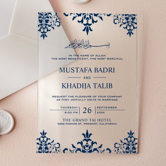 Elegant Navy Blue Damask Islamic Wedding Acryleinladungen