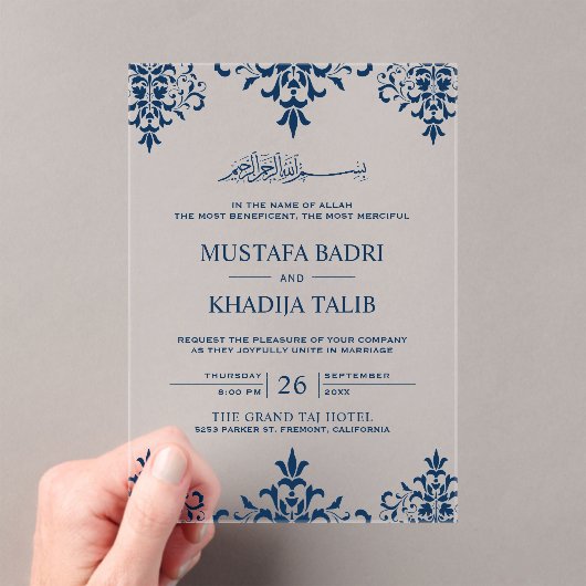 Elegant Navy Blue Damask Islamic Wedding Acryleinladungen (Insitu (Handheld))