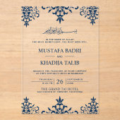 Elegant Navy Blue Damask Islamic Wedding Acryleinladungen (Vorderseite)