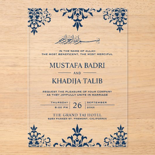 Elegant Navy Blue Damask Islamic Wedding Acryleinladungen (Vorderseite)