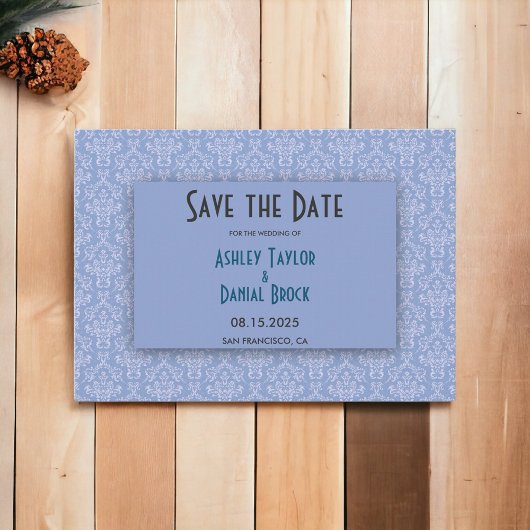 Elegant Navy Blue Damask Script Verziert Hochzeit Save The Date