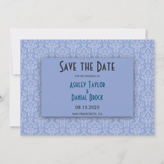 Elegant Navy Blue Damask Script Verziert Hochzeit Save The Date (Vorderseite)