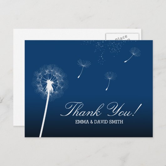 Elegant Navy Blue Dandelion Blasen Vielen Dank Postkarte (Vorne/Hinten)