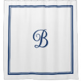 Elegant Navy Blue Double Border Script Monogram Duschvorhang (Vorderseite)