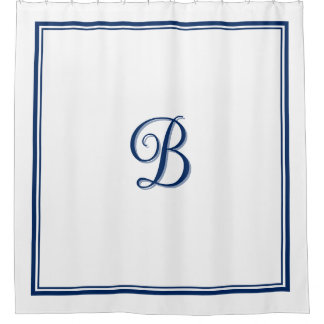 Elegant Navy Blue Double Border Script Monogram Duschvorhang