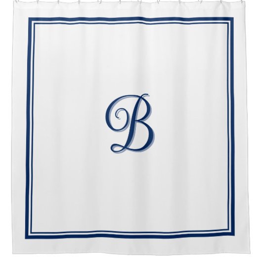 Elegant Navy Blue Double Border Script Monogram Duschvorhang (Vorderseite)