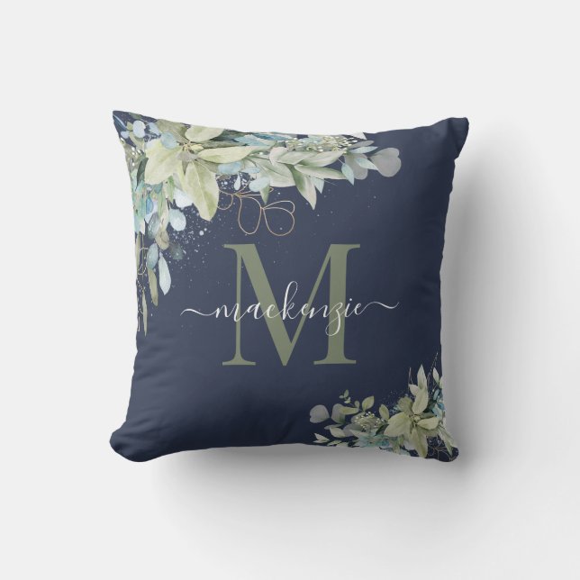 Elegant Navy Blue Eucalyptus Botanical Monogram Kissen (Vorderseite)