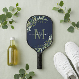 Elegant Navy Blue Eucalyptus Botanical Monogram Pickleball Schläger