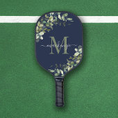 Elegant Navy Blue Eucalyptus Botanical Monogram Pickleball Schläger