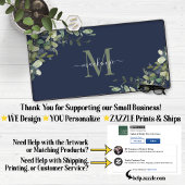 Elegant Navy Blue Eucalyptus Botanical Monogram Schreibtischunterlage