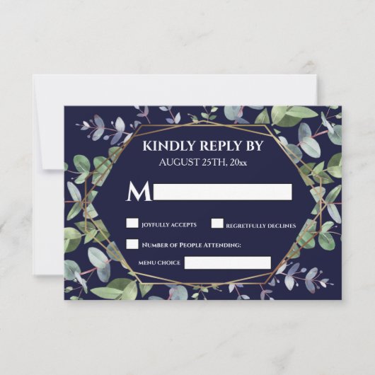 Elegant Navy Blue Eukalyptus Greenerity Wedding RSVP Karte (Vorderseite)