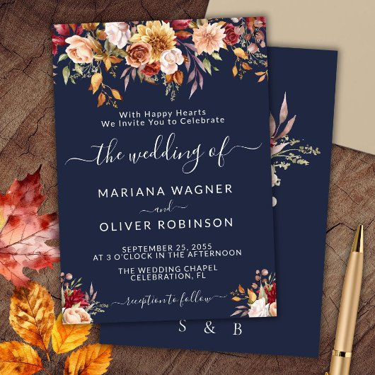 Elegant Navy Blue Fall Floral Wedding Einladung