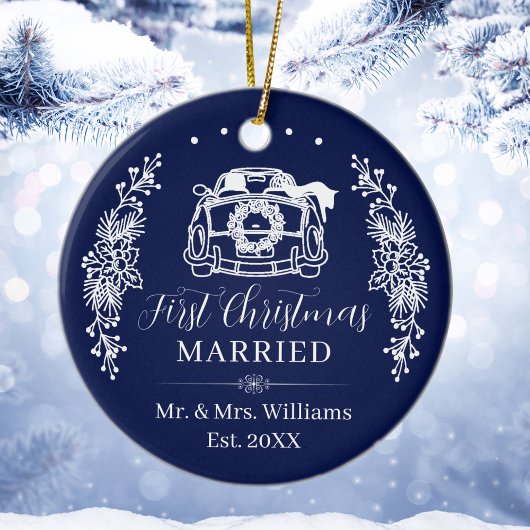 Elegant Navy Blue First Christmas Married Car Keramik Ornament