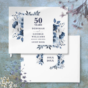 Elegant Navy Blue Floral 50. Hochzeitstag Gästebuch