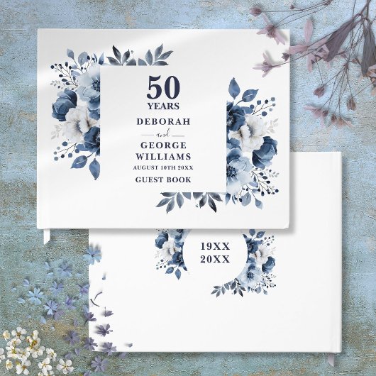 Elegant Navy Blue Floral 50. Hochzeitstag Gästebuch