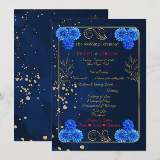 Elegant Navy Blue Floral Ceremony Program Template Programm (Vorne/Hinten)