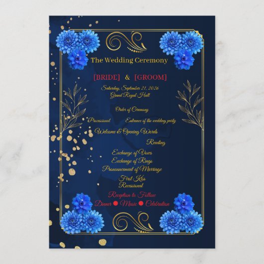 Elegant Navy Blue Floral Ceremony Program Template Programm (Vorderseite)
