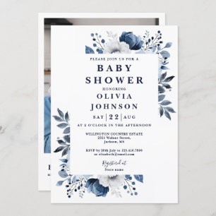 Elegant Navy Blue Floral Foto QR Baby Shower Einladung
