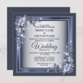 Elegant Navy Blue Floral Framed Silver Wedding Einladung (Vorne/Hinten)