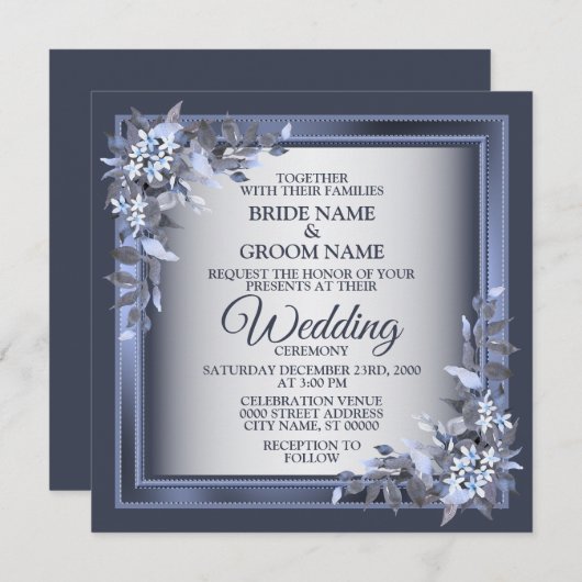 Elegant Navy Blue Floral Framed Silver Wedding Einladung (Vorne/Hinten)
