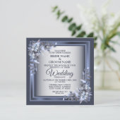 Elegant Navy Blue Floral Framed Silver Wedding Einladung (Stehend Vorderseite)
