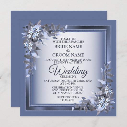 Elegant Navy Blue Floral Framed Silver Wedding Einladung (Vorne/Hinten)