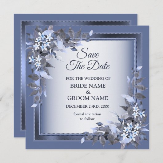 Elegant Navy Blue Floral Framed Silver Wedding Save The Date (Vorne/Hinten)