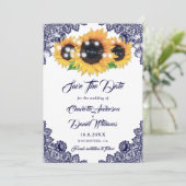 Elegant Navy Blue Floral Lace Sunflower Wedding Save The Date (Stehend Vorderseite)
