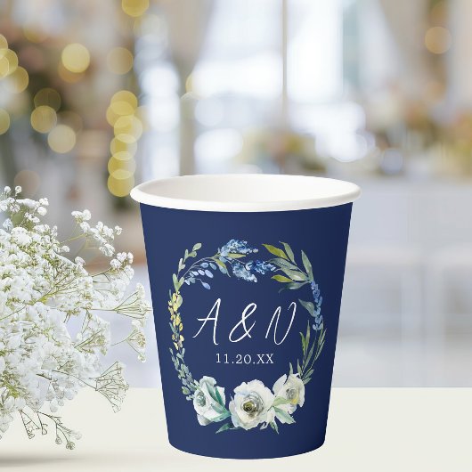 Elegant Navy Blue Floral Monogram Wedding Pappbecher