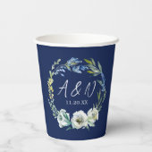 Elegant Navy Blue Floral Monogram Wedding Pappbecher (Rückseite)