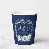 Elegant Navy Blue Floral Monogram Wedding Pappbecher (Vorderseite)