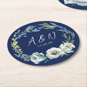 Elegant Navy Blue Floral Monogram Wedding Runder Pappuntersetzer