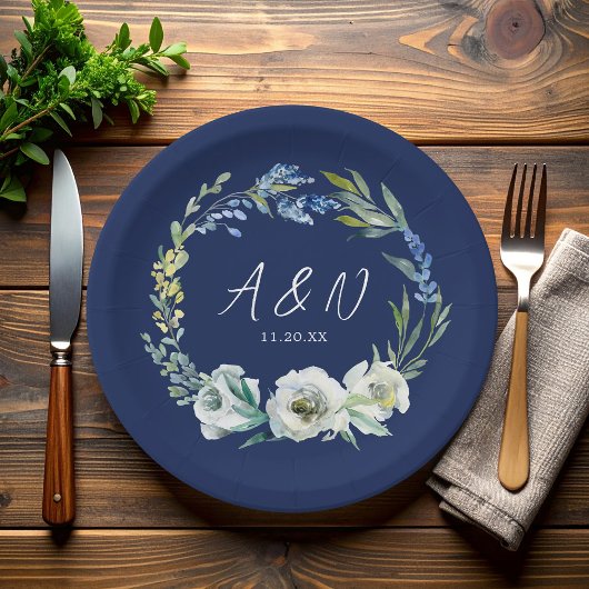 Elegant Navy Blue Floral Monogram Winter Wedding Pappteller