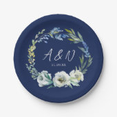 Elegant Navy Blue Floral Monogram Winter Wedding Pappteller (Vorderseite)