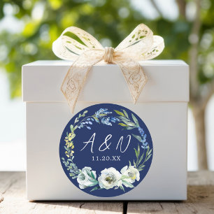 Elegant Navy Blue Floral Monogram Winter Wedding Runder Aufkleber