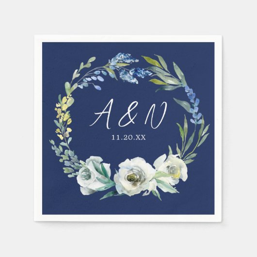 Elegant Navy Blue Floral Monogram Winter Wedding Serviette (Vorderseite)