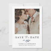 Elegant Navy Blue Floral Photo & QR Code Wedding Save The Date (Vorderseite)