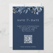 Elegant Navy Blue Floral Photo & QR Code Wedding Save The Date (Rückseite)
