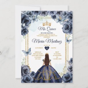 Elegant Navy Blue Floral Prinzessin Quiñceanera Einladung
