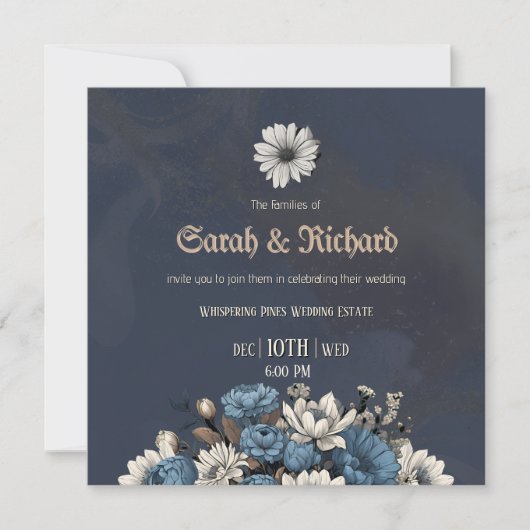 Elegant Navy Blue Floral Wedding Einladung (Vorderseite)