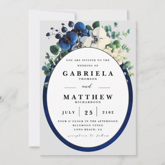 Elegant Navy Blue Floral Wedding Invitation | Edit Einladung (Vorderseite)