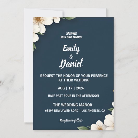 Elegant Navy Blue Floral Wedding Invitation Einladung (Vorderseite)