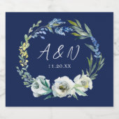 Elegant Navy Blue Floral Wedding Monogram Schaumweinetikett (Einzelnes Label)