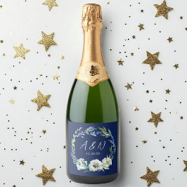 Elegant Navy Blue Floral Wedding Monogram Schaumweinetikett