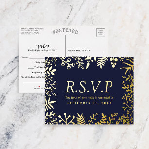 Elegant Navy Blue Floral Wedding RSVP Real Folie Einladungspostkarte
