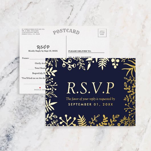 Elegant Navy Blue Floral Wedding RSVP Real Folie Einladungspostkarte