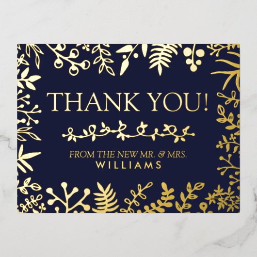 Elegant Navy Blue Floral Wedding Vielen Dank Folie Einladungspostkarte (Vorderseite)