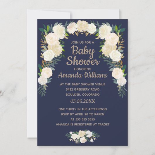 Elegant Navy Blue Floral Wreath Baby Shower Einladung (Vorderseite)